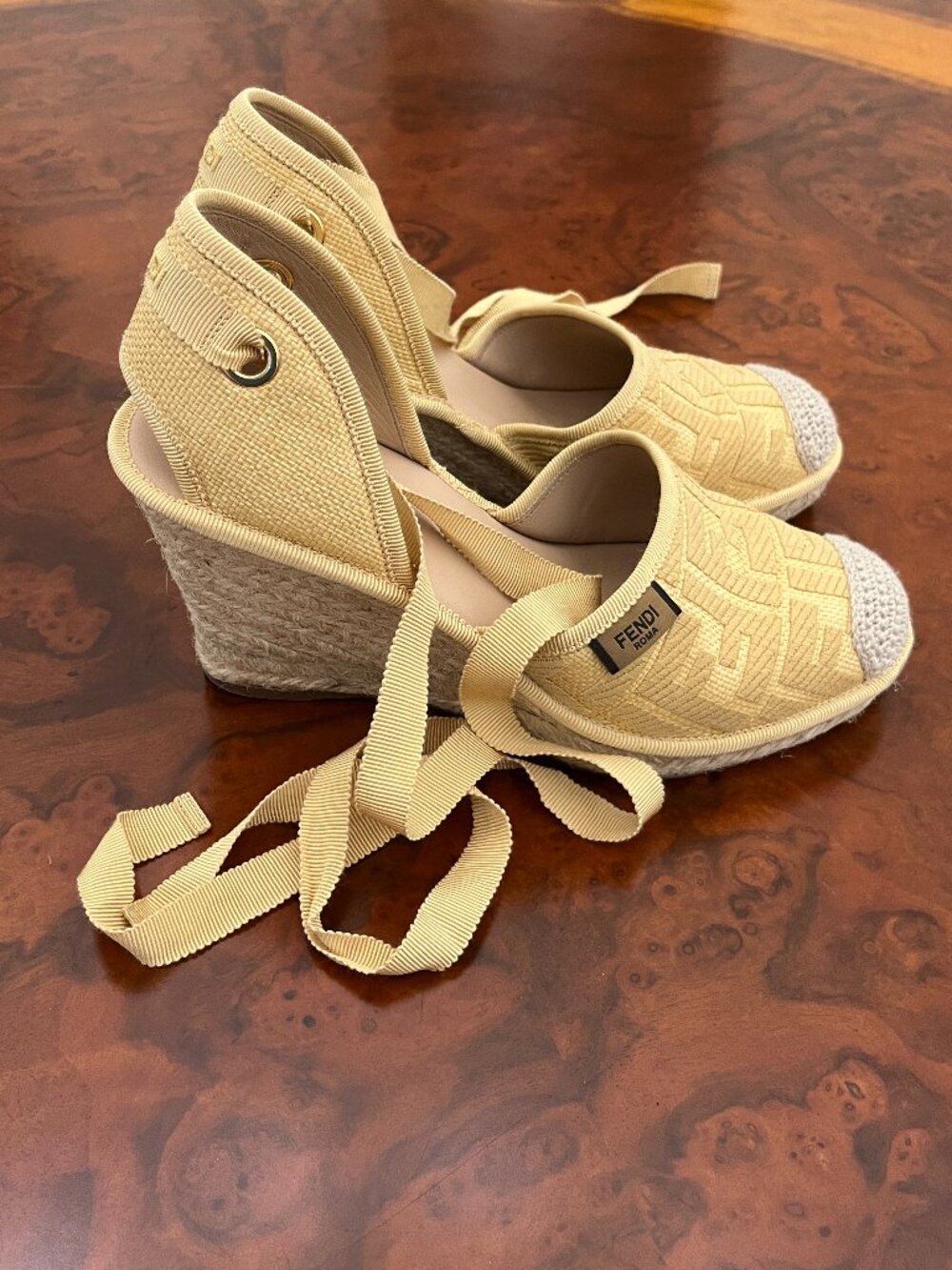 Fendi Roma Raffia FF Embroidered Canvas Lace-Up Yellow Espadrille Wedges 37